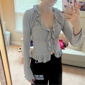 White Fox Ruffled Gray Top